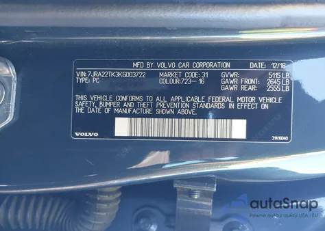 2019 Volvo S60 T6 Momentum z USA, uszkodzony, nr VIN 7JRA22TK3KG003722